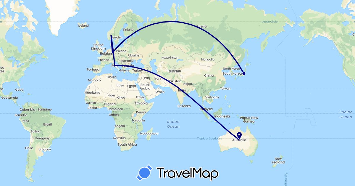 TravelMap itinerary: driving in Australia, Germany, Italy, Japan, Norway (Asia, Europe, Oceania)